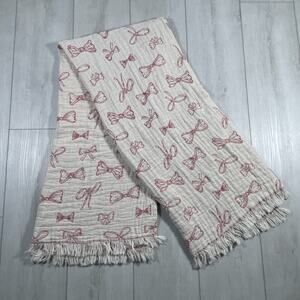 Piscatextil Reversible Throw Taupe Red Bow Fringe Made in Portugal